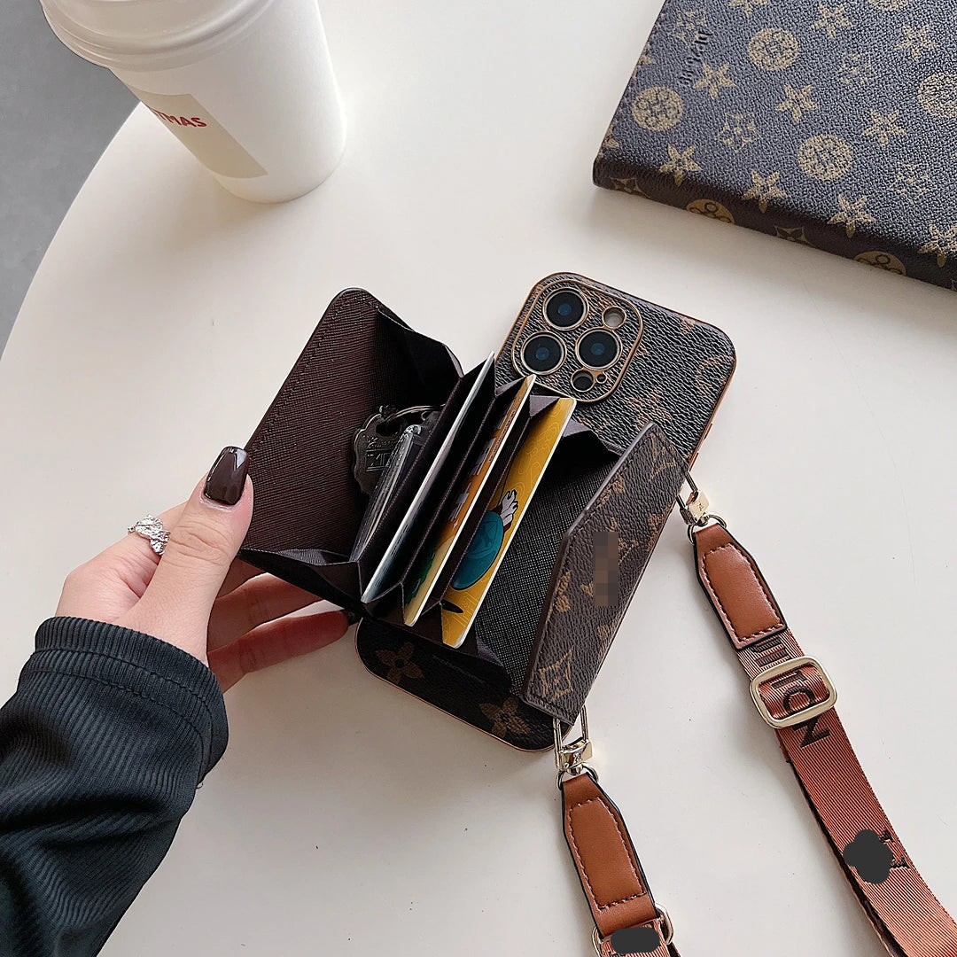 Leather Wallet iPhone Case with Strap – Brown