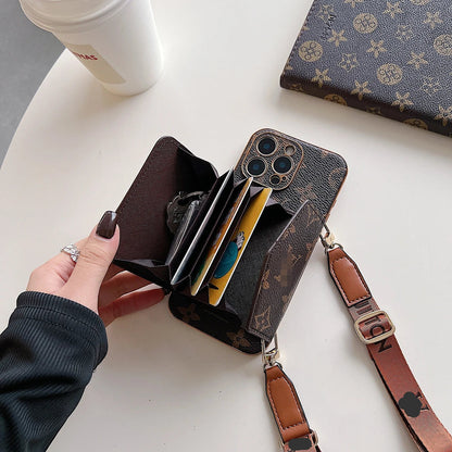 Leather Wallet iPhone Case with Strap – Brown