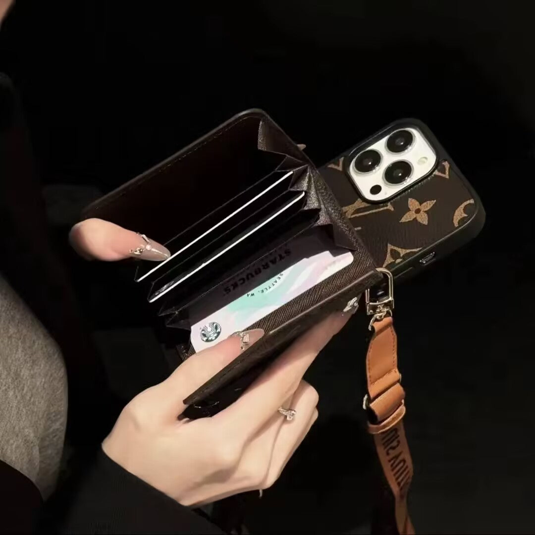 Leather Wallet iPhone Case with Strap – Brown